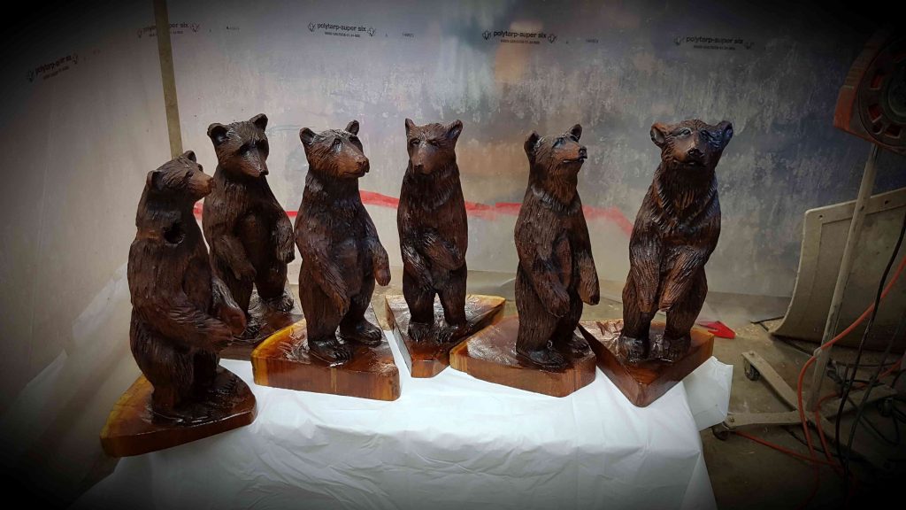 Six chainsaw carved bears out of western red cedar 